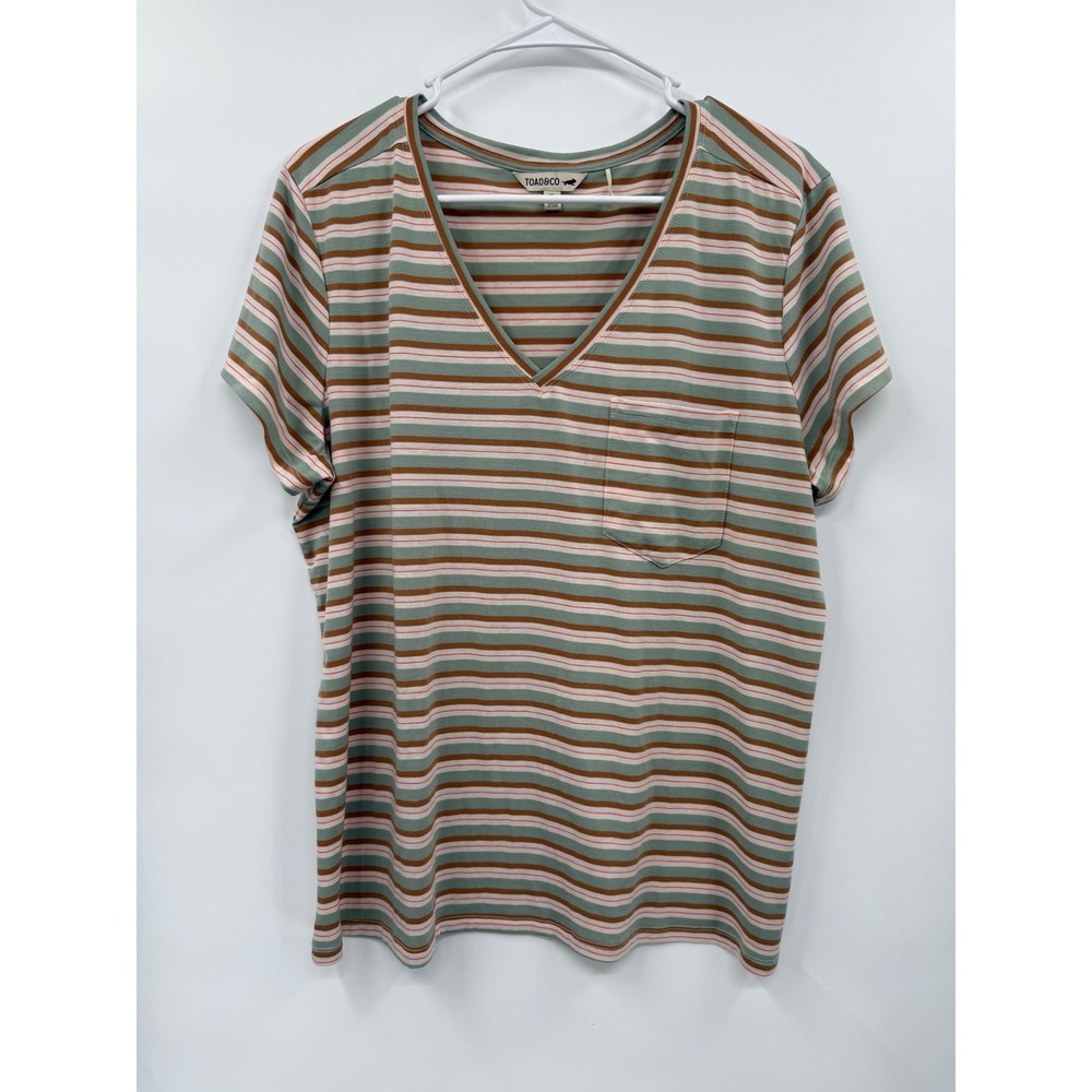 Toad&Co XL V-Neck Pocket Tee Womens Green Brown Striped Short Sleeve T-Shirt
